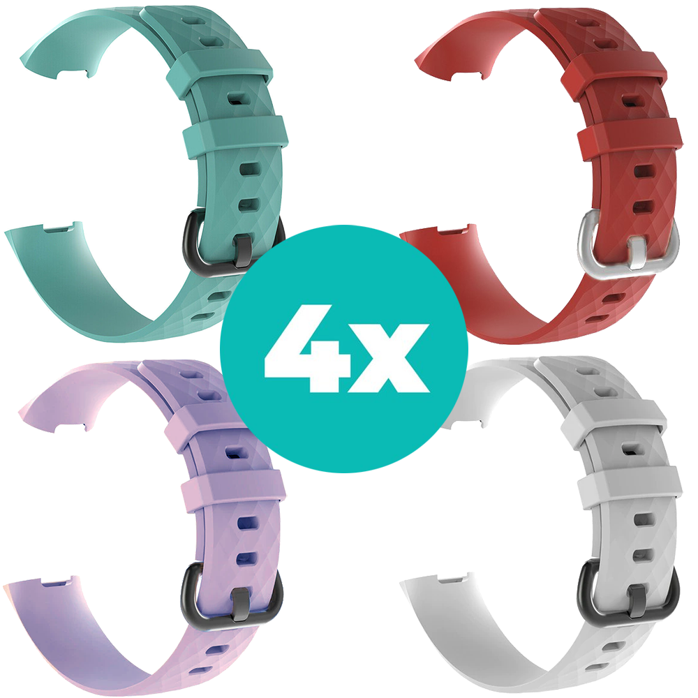 Strap-it Siliconen bandjes geschikt voor Fitbit Charge 4 bandje - Bundel van 4 bandjes - Sport bandje Geschikt voor Fitbit Charge 3 bandje - Set bandjes 4x Aqua - Lila - Wit - Rood - Maat M/L (Large)