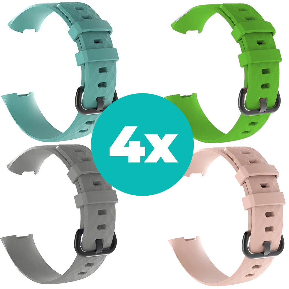 Strap-it Siliconen bandjes geschikt voor Fitbit Charge 4 bandje - Bundel van 4 bandjes - Sport bandje Geschikt voor Fitbit Charge 3 bandje - Set bandjes 4x Aqua - Grijs - Lichtroze - Groen - Maat M/L (Large)