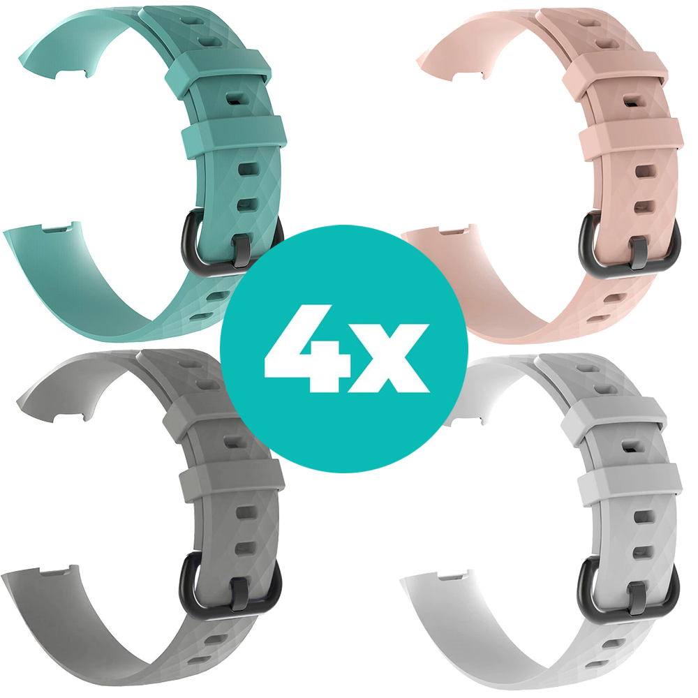 Strap-it Siliconen bandjes geschikt voor Fitbit Charge 4 bandje - Bundel van 4 bandjes - Sport bandje Geschikt voor Fitbit Charge 3 bandje - Set bandjes 4x Aqua - Grijs - Wit - Lichtroze - Maat M/L (Large)