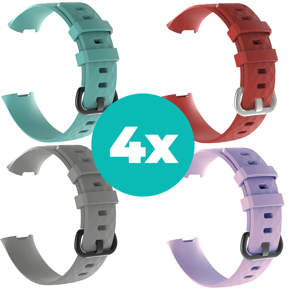 Strap-it Siliconen bandjes geschikt voor Fitbit Charge 4 bandje - Bundel van 4 bandjes - Sport bandje Geschikt voor Fitbit Charge 3 bandje - Set bandjes 4x Aqua - Grijs - Lila - Rood - Maat M/L (Large)