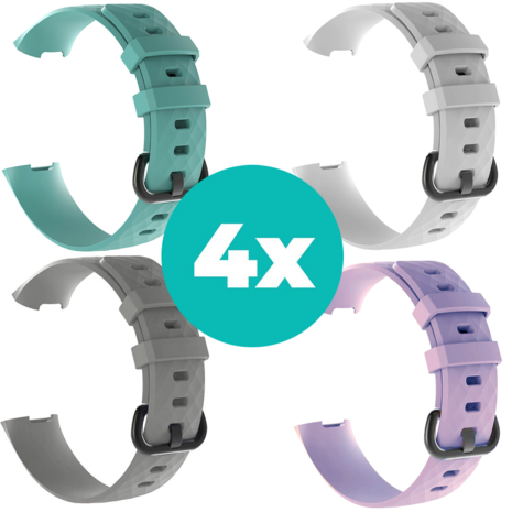 Strap-it Siliconen bandjes geschikt voor Fitbit Charge 4 bandje - Bundel van 4 bandjes - Sport bandje Geschikt voor Fitbit Charge 3 bandje - Set bandjes 4x Aqua - Grijs - Lila - Wit - Maat M/L (Large)