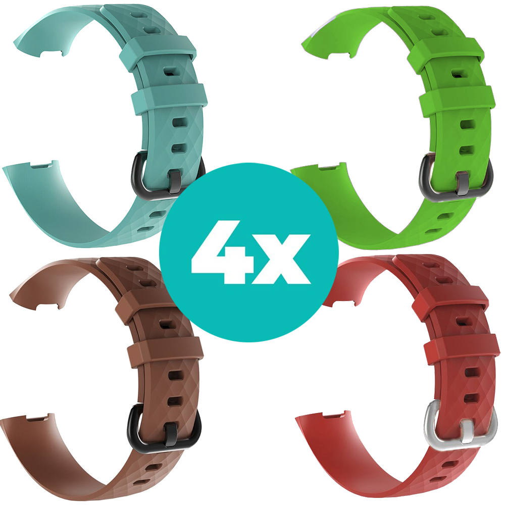 Strap-it Siliconen bandjes geschikt voor Fitbit Charge 4 bandje - Bundel van 4 bandjes - Sport bandje Geschikt voor Fitbit Charge 3 bandje - Set bandjes 4x Aqua - Bruin - Rood - Groen - Maat M/L (Large)