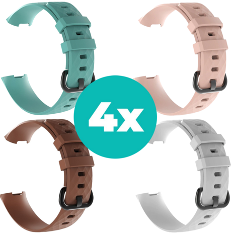 Strap-it Siliconen bandjes geschikt voor Fitbit Charge 4 bandje - Bundel van 4 bandjes - Sport bandje Geschikt voor Fitbit Charge 3 bandje - Set bandjes 4x Aqua - Bruin - Wit - Lichtroze - Maat M/L (Large)