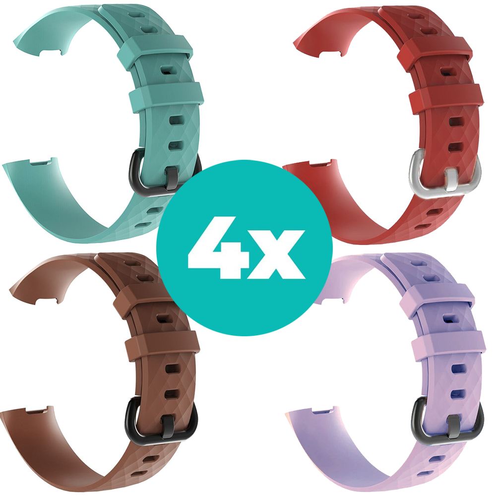 Strap-it Siliconen bandjes geschikt voor Fitbit Charge 4 bandje - Bundel van 4 bandjes - Sport bandje Geschikt voor Fitbit Charge 3 bandje - Set bandjes 4x Aqua - Bruin - Lila - Rood - Maat M/L (Large)