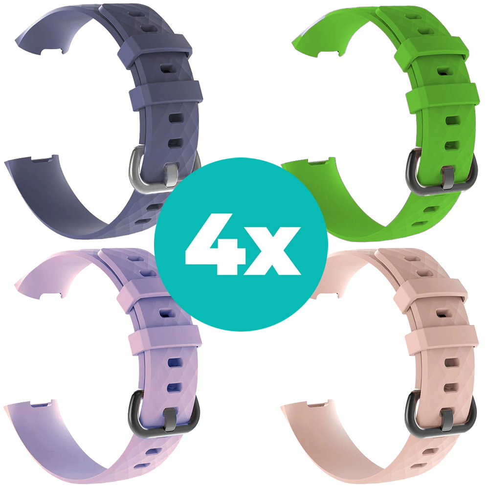 Strap-it Siliconen bandjes geschikt voor Fitbit Charge 4 bandje - Bundel van 4 bandjes - Sport bandje Geschikt voor Fitbit Charge 3 bandje - Set bandjes 4x Grijsblauw - Lila - Lichtroze - Groen - Maat M/L (Large)
