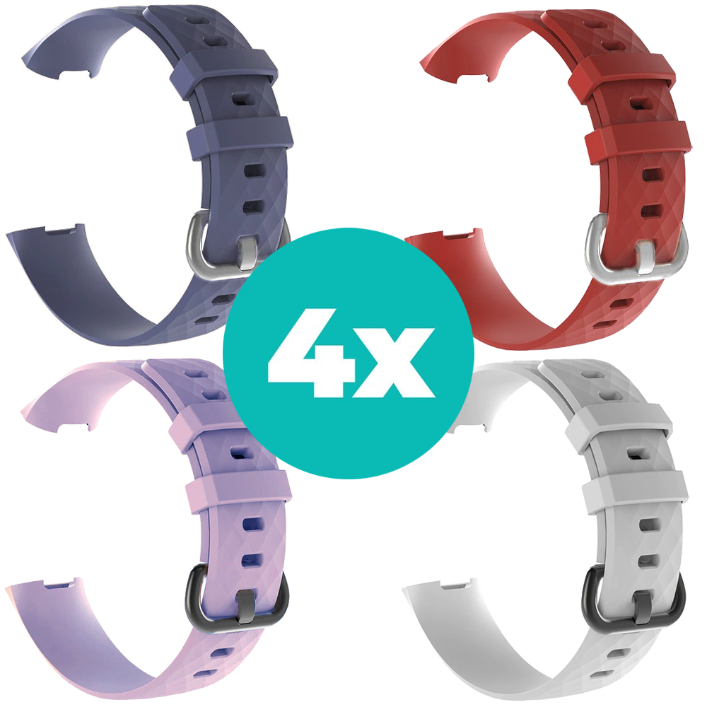 Strap-it Siliconen bandjes geschikt voor Fitbit Charge 4 bandje - Bundel van 4 bandjes - Sport bandje Geschikt voor Fitbit Charge 3 bandje - Set bandjes 4x Grijsblauw - Lila - Wit - Rood - Maat M/L (Large)