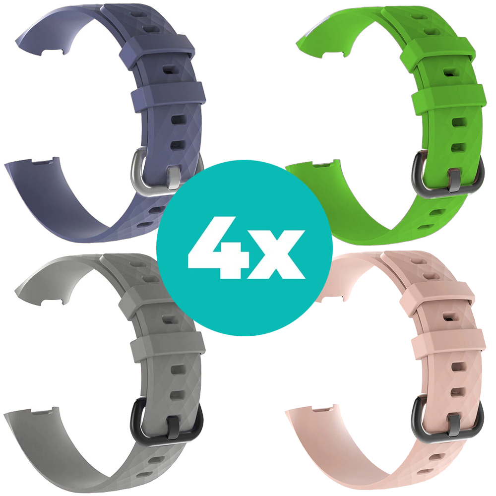 Strap-it Siliconen bandjes geschikt voor Fitbit Charge 4 bandje - Bundel van 4 bandjes - Sport bandje Geschikt voor Fitbit Charge 3 bandje - Set bandjes 4x Grijsblauw - Grijs - Lichtroze - Groen - Maat M/L (Large)