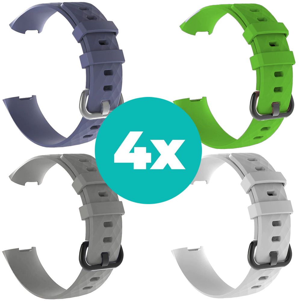 Strap-it Siliconen bandjes geschikt voor Fitbit Charge 4 bandje - Bundel van 4 bandjes - Sport bandje Geschikt voor Fitbit Charge 3 bandje - Set bandjes 4x Grijsblauw - Grijs - Wit - Groen - Maat M/L (Large)