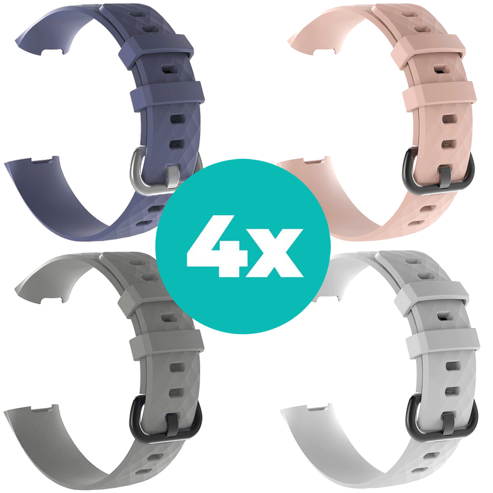 Strap-it Siliconen bandjes geschikt voor Fitbit Charge 4 bandje - Bundel van 4 bandjes - Sport bandje Geschikt voor Fitbit Charge 3 bandje - Set bandjes 4x Grijsblauw - Grijs - Wit - Lichtroze - Maat M/L (Large)