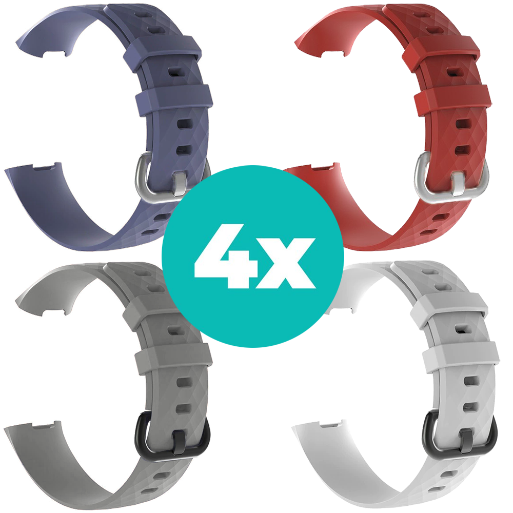 Strap-it Siliconen bandjes geschikt voor Fitbit Charge 4 bandje - Bundel van 4 bandjes - Sport bandje Geschikt voor Fitbit Charge 3 bandje - Set bandjes 4x Grijsblauw - Grijs - Wit - Rood - Maat M/L (Large)