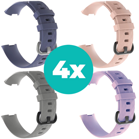Strap-it Siliconen bandjes geschikt voor Fitbit Charge 4 bandje - Bundel van 4 bandjes - Sport bandje Geschikt voor Fitbit Charge 3 bandje - Set bandjes 4x Grijsblauw - Grijs - Lila - Lichtroze - Maat M/L (Large)