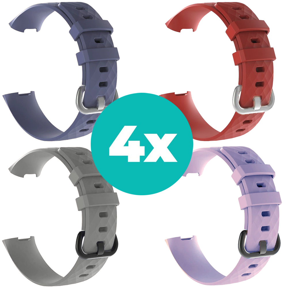 Strap-it Siliconen bandjes geschikt voor Fitbit Charge 4 bandje - Bundel van 4 bandjes - Sport bandje Geschikt voor Fitbit Charge 3 bandje - Set bandjes 4x Grijsblauw - Grijs - Lila - Rood - Maat M/L (Large)