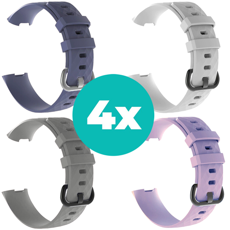 Strap-it Siliconen bandjes geschikt voor Fitbit Charge 4 bandje - Bundel van 4 bandjes - Sport bandje Geschikt voor Fitbit Charge 3 bandje - Set bandjes 4x Grijsblauw - Grijs - Lila - Wit - Maat M/L (Large)