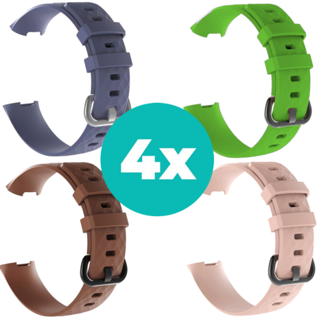 Strap-it Siliconen bandjes geschikt voor Fitbit Charge 4 bandje - Bundel van 4 bandjes - Sport bandje Geschikt voor Fitbit Charge 3 bandje - Set bandjes 4x Grijsblauw - Bruin - Lichtroze - Groen - Maat M/L (Large)