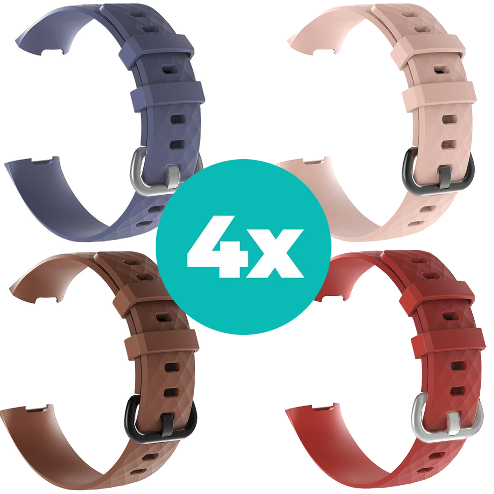 Strap-it Siliconen bandjes geschikt voor Fitbit Charge 4 bandje - Bundel van 4 bandjes - Sport bandje Geschikt voor Fitbit Charge 3 bandje - Set bandjes 4x Grijsblauw - Bruin - Rood - Lichtroze - Maat M/L (Large)