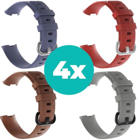 Strap-it Siliconen bandjes geschikt voor Fitbit Charge 4 bandje - Bundel van 4 bandjes - Sport bandje Geschikt voor Fitbit Charge 3 bandje - Set bandjes 4x Grijsblauw - Bruin - Grijs - Rood - Maat M/L (Large)