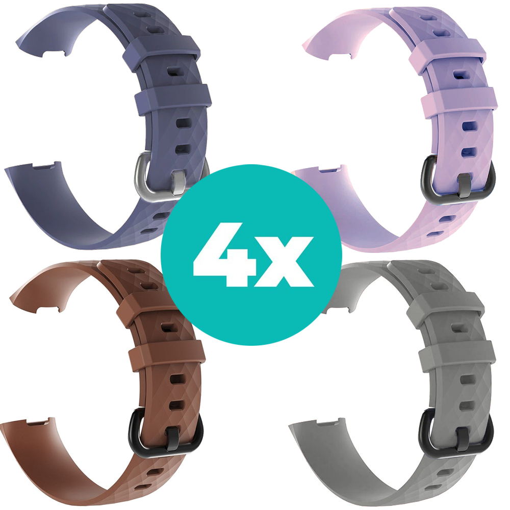 Strap-it Siliconen bandjes geschikt voor Fitbit Charge 4 bandje - Bundel van 4 bandjes - Sport bandje Geschikt voor Fitbit Charge 3 bandje - Set bandjes 4x Grijsblauw - Bruin - Grijs - Lila - Maat M/L (Large)
