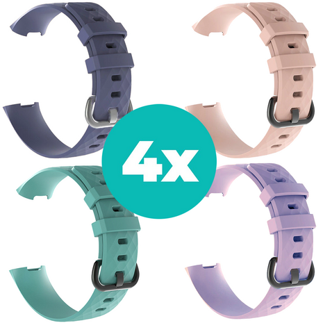 Strap-it Siliconen bandjes geschikt voor Fitbit Charge 4 bandje - Bundel van 4 bandjes - Sport bandje Geschikt voor Fitbit Charge 3 bandje - Set bandjes 4x Grijsblauw - Aqua - Lila - Lichtroze - Maat M/L (Large)