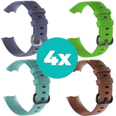 Strap-it Siliconen bandjes geschikt voor Fitbit Charge 4 bandje - Bundel van 4 bandjes - Sport bandje Geschikt voor Fitbit Charge 3 bandje - Set bandjes 4x Grijsblauw - Aqua - Bruin - Groen - Maat M/L (Large)