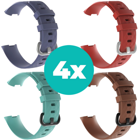 Strap-it Siliconen bandjes geschikt voor Fitbit Charge 4 bandje - Bundel van 4 bandjes - Sport bandje Geschikt voor Fitbit Charge 3 bandje - Set bandjes 4x Grijsblauw - Aqua - Bruin - Rood - Maat M/L (Large)