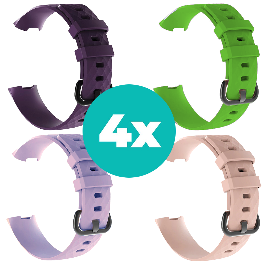 Strap-it Siliconen bandjes geschikt voor Fitbit Charge 4 bandje - Bundel van 4 bandjes - Sport bandje Geschikt voor Fitbit Charge 3 bandje - Set bandjes 4x Paars - Lila - Lichtroze - Groen - Maat M/L (Large)