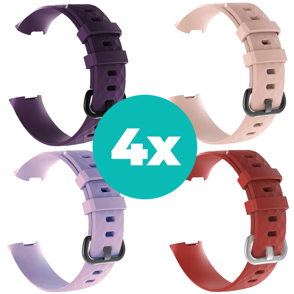 Strap-it Siliconen bandjes geschikt voor Fitbit Charge 4 bandje - Bundel van 4 bandjes - Sport bandje Geschikt voor Fitbit Charge 3 bandje - Set bandjes 4x Paars - Lila - Rood - Lichtroze - Maat M/L (Large)