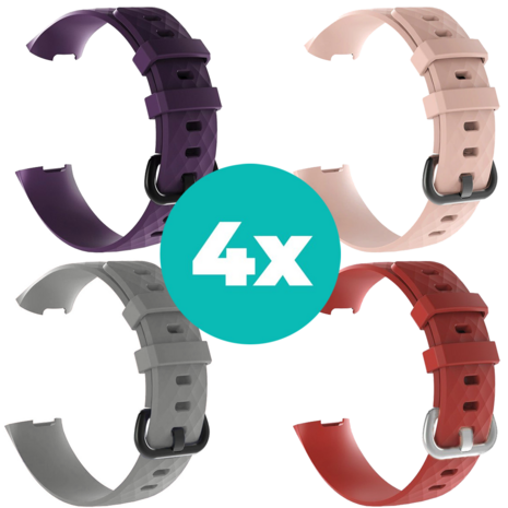 Strap-it Siliconen bandjes geschikt voor Fitbit Charge 4 bandje - Bundel van 4 bandjes - Sport bandje Geschikt voor Fitbit Charge 3 bandje - Set bandjes 4x Paars - Grijs - Rood - Lichtroze - Maat M/L (Large)