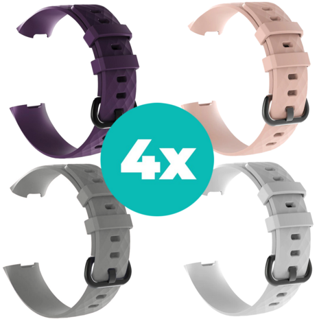 Strap-it Siliconen bandjes geschikt voor Fitbit Charge 4 bandje - Bundel van 4 bandjes - Sport bandje Geschikt voor Fitbit Charge 3 bandje - Set bandjes 4x Paars - Grijs - Wit - Lichtroze - Maat M/L (Large)
