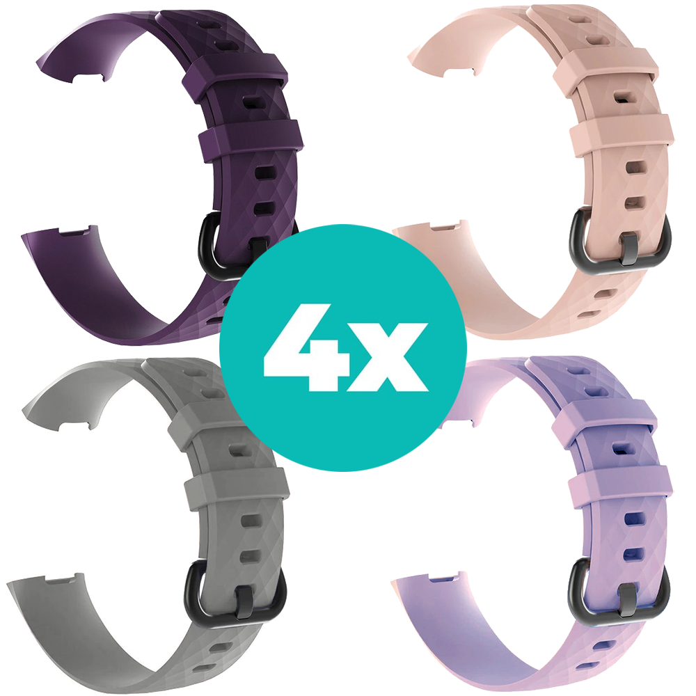 Strap-it Siliconen bandjes geschikt voor Fitbit Charge 4 bandje - Bundel van 4 bandjes - Sport bandje Geschikt voor Fitbit Charge 3 bandje - Set bandjes 4x Paars - Grijs - Lila - Lichtroze - Maat M/L (Large)