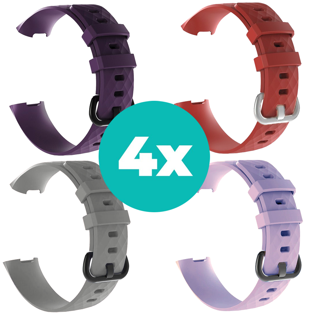 Strap-it Siliconen bandjes geschikt voor Fitbit Charge 4 bandje - Bundel van 4 bandjes - Sport bandje Geschikt voor Fitbit Charge 3 bandje - Set bandjes 4x Paars - Grijs - Lila - Rood - Maat M/L (Large)