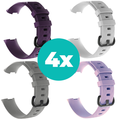 Strap-it Siliconen bandjes geschikt voor Fitbit Charge 4 bandje - Bundel van 4 bandjes - Sport bandje Geschikt voor Fitbit Charge 3 bandje - Set bandjes 4x Paars - Grijs - Lila - Wit - Maat M/L (Large)