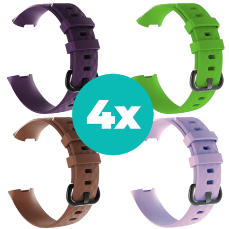 Strap-it Siliconen bandjes geschikt voor Fitbit Charge 4 bandje - Bundel van 4 bandjes - Sport bandje Geschikt voor Fitbit Charge 3 bandje - Set bandjes 4x Paars - Bruin - Lila - Groen - Maat M/L (Large)