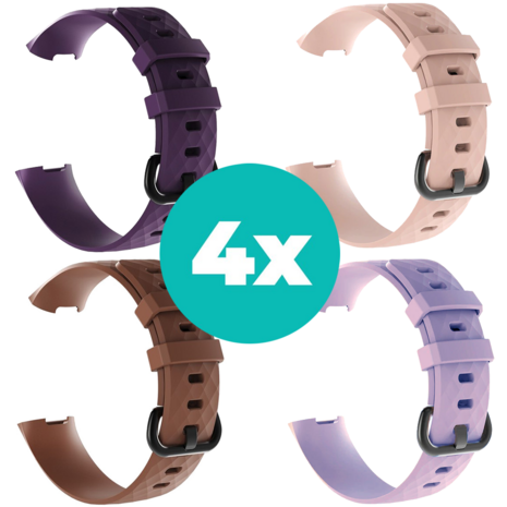 Strap-it Siliconen bandjes geschikt voor Fitbit Charge 4 bandje - Bundel van 4 bandjes - Sport bandje Geschikt voor Fitbit Charge 3 bandje - Set bandjes 4x Paars - Bruin - Lila - Lichtroze - Maat M/L (Large)