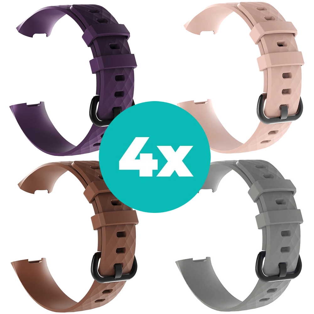 Strap-it Siliconen bandjes geschikt voor Fitbit Charge 4 bandje - Bundel van 4 bandjes - Sport bandje Geschikt voor Fitbit Charge 3 bandje - Set bandjes 4x Paars - Bruin - Grijs - Lichtroze - Maat M/L (Large)