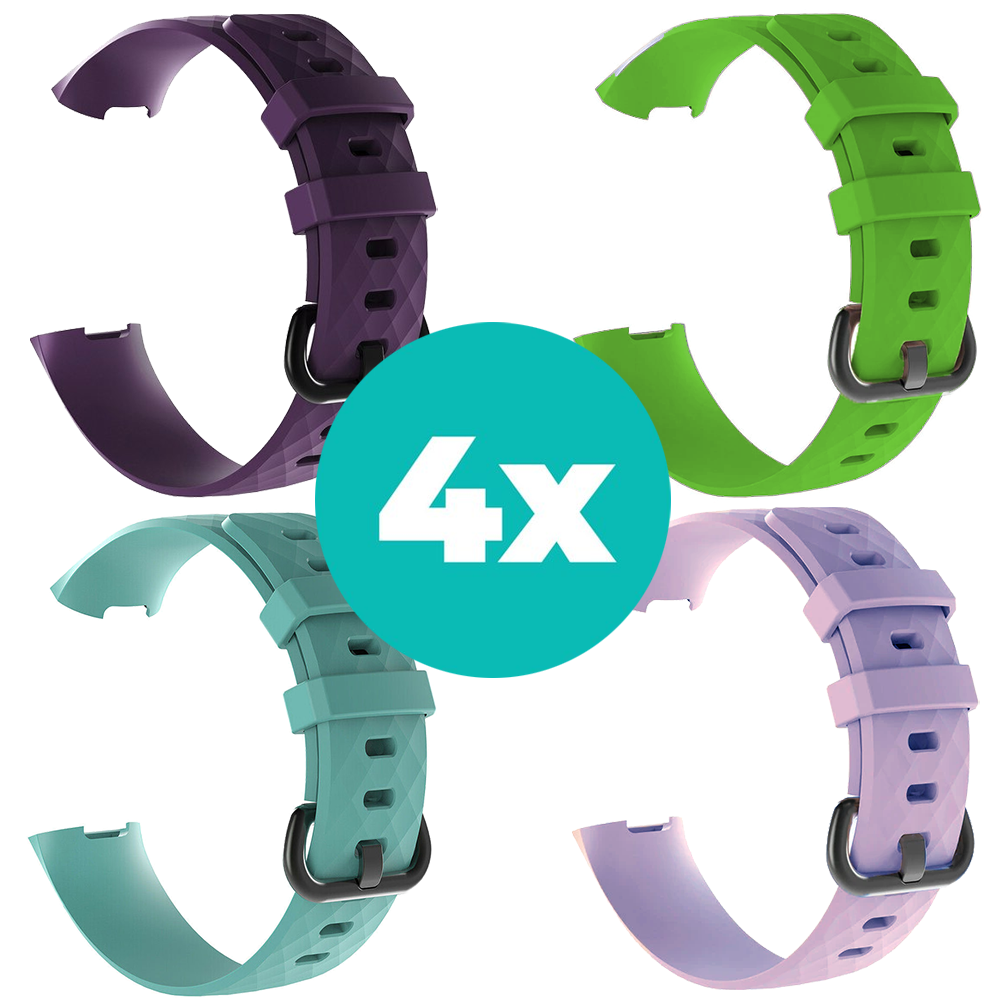 Strap-it Siliconen bandjes geschikt voor Fitbit Charge 4 bandje - Bundel van 4 bandjes - Sport bandje Geschikt voor Fitbit Charge 3 bandje - Set bandjes 4x Paars - Aqua - Lila - Groen - Maat M/L (Large)
