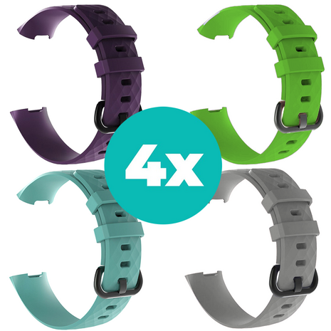 Strap-it Siliconen bandjes geschikt voor Fitbit Charge 4 bandje - Bundel van 4 bandjes - Sport bandje Geschikt voor Fitbit Charge 3 bandje - Set bandjes 4x Paars - Aqua - Grijs - Groen - Maat M/L (Large)