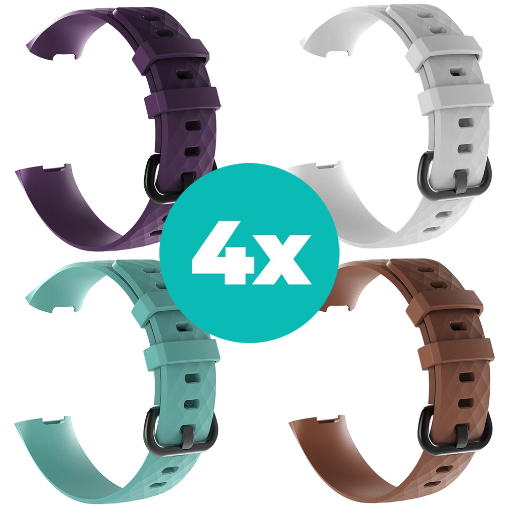 Strap-it Siliconen bandjes geschikt voor Fitbit Charge 4 bandje - Bundel van 4 bandjes - Sport bandje Geschikt voor Fitbit Charge 3 bandje - Set bandjes 4x Paars - Aqua - Bruin - Wit - Maat M/L (Large)