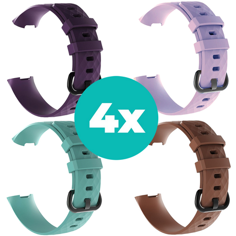Strap-it Siliconen bandjes geschikt voor Fitbit Charge 4 bandje - Bundel van 4 bandjes - Sport bandje Geschikt voor Fitbit Charge 3 bandje - Set bandjes 4x Paars - Aqua - Bruin - Lila - Maat M/L (Large)