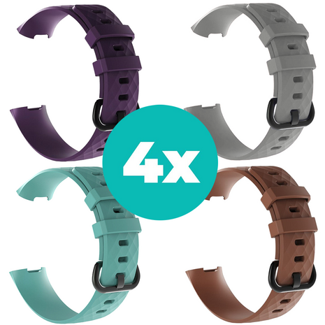 Strap-it Siliconen bandjes geschikt voor Fitbit Charge 4 bandje - Bundel van 4 bandjes - Sport bandje Geschikt voor Fitbit Charge 3 bandje - Set bandjes 4x Paars - Aqua - Bruin - Grijs - Maat M/L (Large)