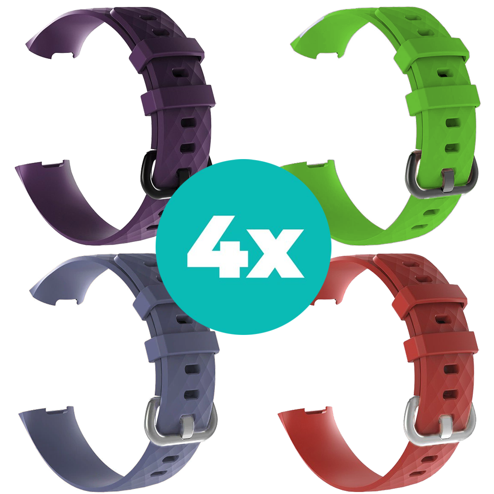 Strap-it Siliconen bandjes geschikt voor Fitbit Charge 4 bandje - Bundel van 4 bandjes - Sport bandje Geschikt voor Fitbit Charge 3 bandje - Set bandjes 4x Paars - Grijsblauw - Rood - Groen - Maat M/L (Large)
