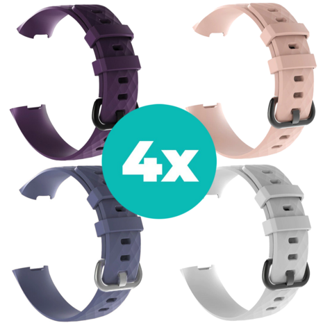 Strap-it Siliconen bandjes geschikt voor Fitbit Charge 4 bandje - Bundel van 4 bandjes - Sport bandje Geschikt voor Fitbit Charge 3 bandje - Set bandjes 4x Paars - Grijsblauw - Wit - Lichtroze - Maat M/L (Large)