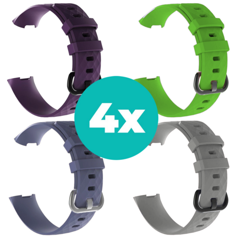 Strap-it Siliconen bandjes geschikt voor Fitbit Charge 4 bandje - Bundel van 4 bandjes - Sport bandje Geschikt voor Fitbit Charge 3 bandje - Set bandjes 4x Paars - Grijsblauw - Grijs - Groen - Maat M/L (Large)