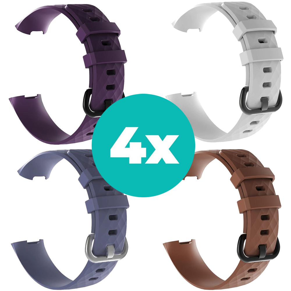 Strap-it Siliconen bandjes geschikt voor Fitbit Charge 4 bandje - Bundel van 4 bandjes - Sport bandje Geschikt voor Fitbit Charge 3 bandje - Set bandjes 4x Paars - Grijsblauw - Bruin - Wit - Maat M/L (Large)
