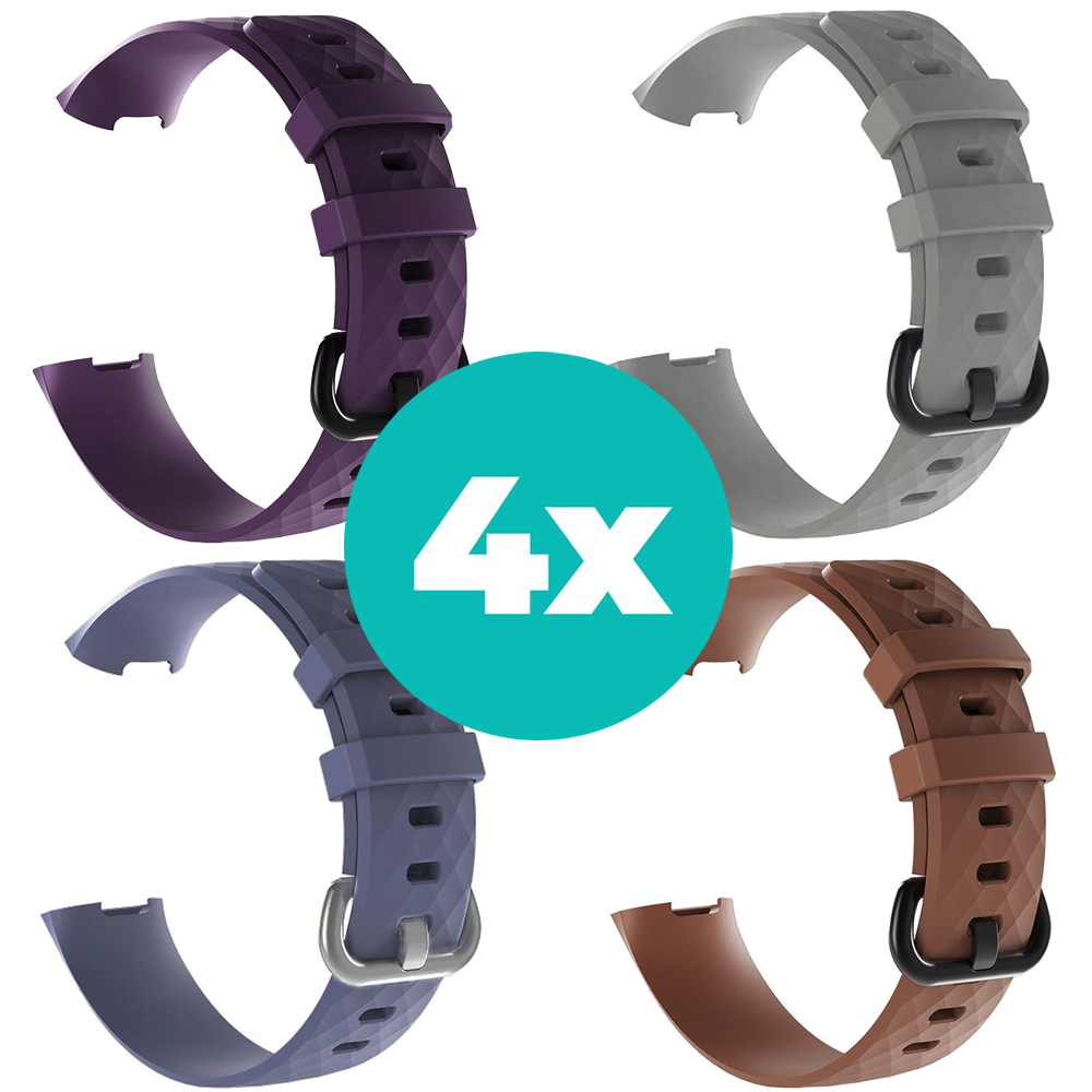 Strap-it Siliconen bandjes geschikt voor Fitbit Charge 4 bandje - Bundel van 4 bandjes - Sport bandje Geschikt voor Fitbit Charge 3 bandje - Set bandjes 4x Paars - Grijsblauw - Bruin - Grijs - Maat M/L (Large)