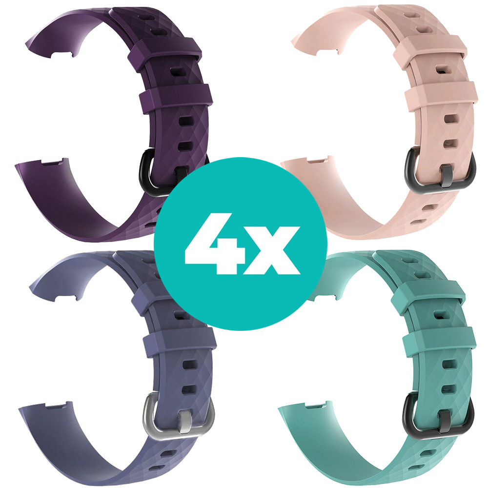 Strap-it Siliconen bandjes geschikt voor Fitbit Charge 4 bandje - Bundel van 4 bandjes - Sport bandje Geschikt voor Fitbit Charge 3 bandje - Set bandjes 4x Paars - Grijsblauw - Aqua - Lichtroze - Maat M/L (Large)
