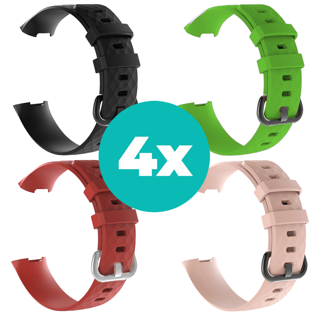 Strap-it Siliconen bandjes geschikt voor Fitbit Charge 4 bandje - Bundel van 4 bandjes - Sport bandje Geschikt voor Fitbit Charge 3 bandje - Set bandjes 4x Zwart - Rood - Lichtroze - Groen - Maat M/L (Large)