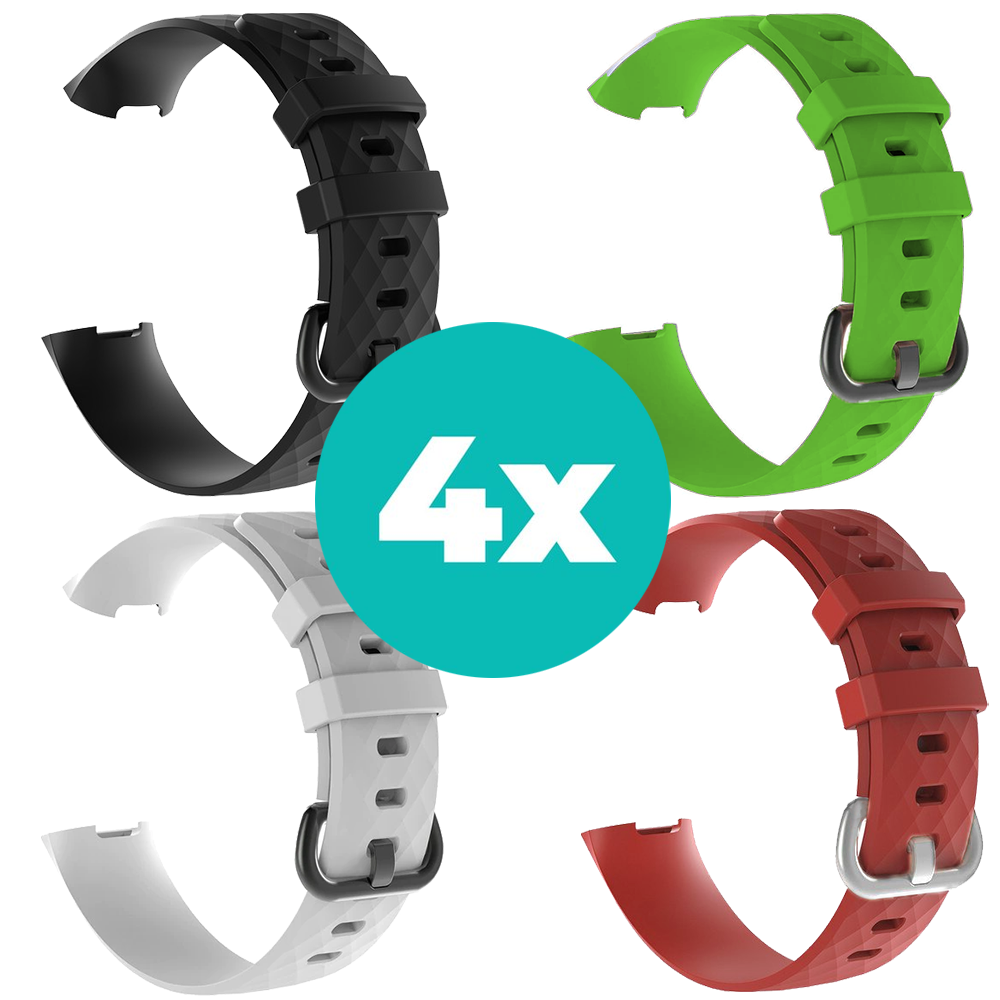 Strap-it Siliconen bandjes geschikt voor Fitbit Charge 4 bandje - Bundel van 4 bandjes - Sport bandje Geschikt voor Fitbit Charge 3 bandje - Set bandjes 4x Zwart - Wit - Rood - Groen - Maat M/L (Large)