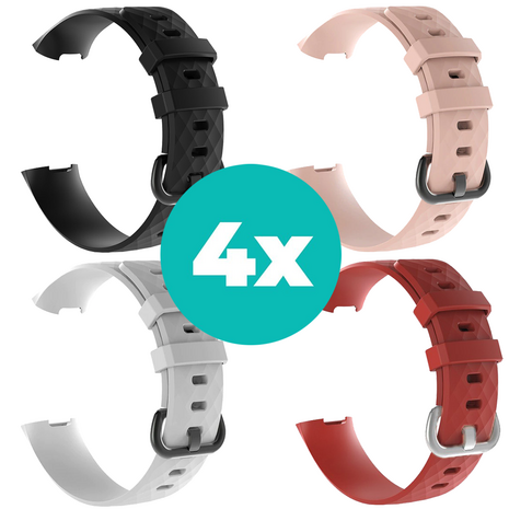 Strap-it Siliconen bandjes geschikt voor Fitbit Charge 4 bandje - Bundel van 4 bandjes - Sport bandje Geschikt voor Fitbit Charge 3 bandje - Set bandjes 4x Zwart - Wit - Rood - Lichtroze - Maat M/L (Large)