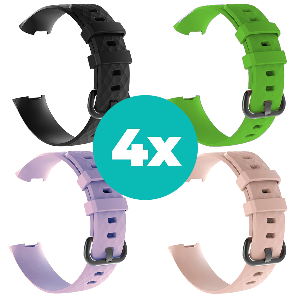 Strap-it Siliconen bandjes geschikt voor Fitbit Charge 4 bandje - Bundel van 4 bandjes - Sport bandje Geschikt voor Fitbit Charge 3 bandje - Set bandjes 4x Zwart - Lila - Lichtroze - Groen - Maat M/L (Large)