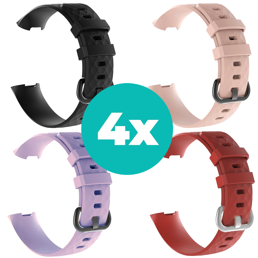 Strap-it Siliconen bandjes geschikt voor Fitbit Charge 4 bandje - Bundel van 4 bandjes - Sport bandje Geschikt voor Fitbit Charge 3 bandje - Set bandjes 4x Zwart - Lila - Rood - Lichtroze - Maat M/L (Large)